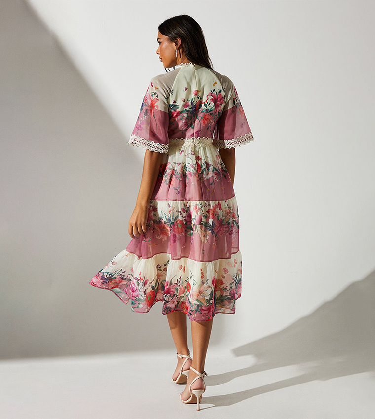 Floral Printed Tiered Lace Trim Midi Dress