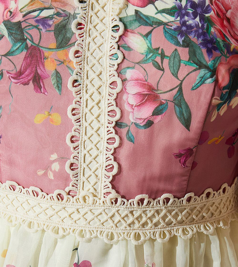 Floral Printed Tiered Lace Trim Midi Dress