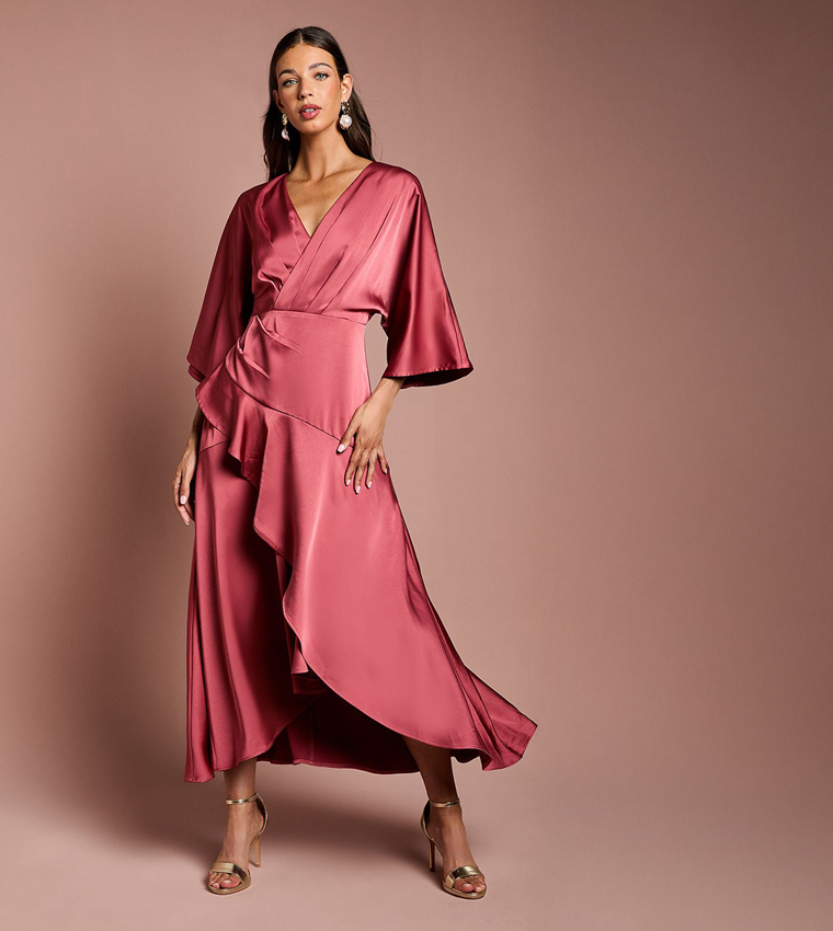 Ruffled Satin Wrap Midaxi Dress