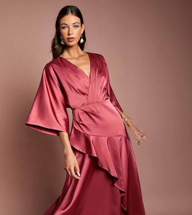 Ruffled Satin Wrap Midaxi Dress