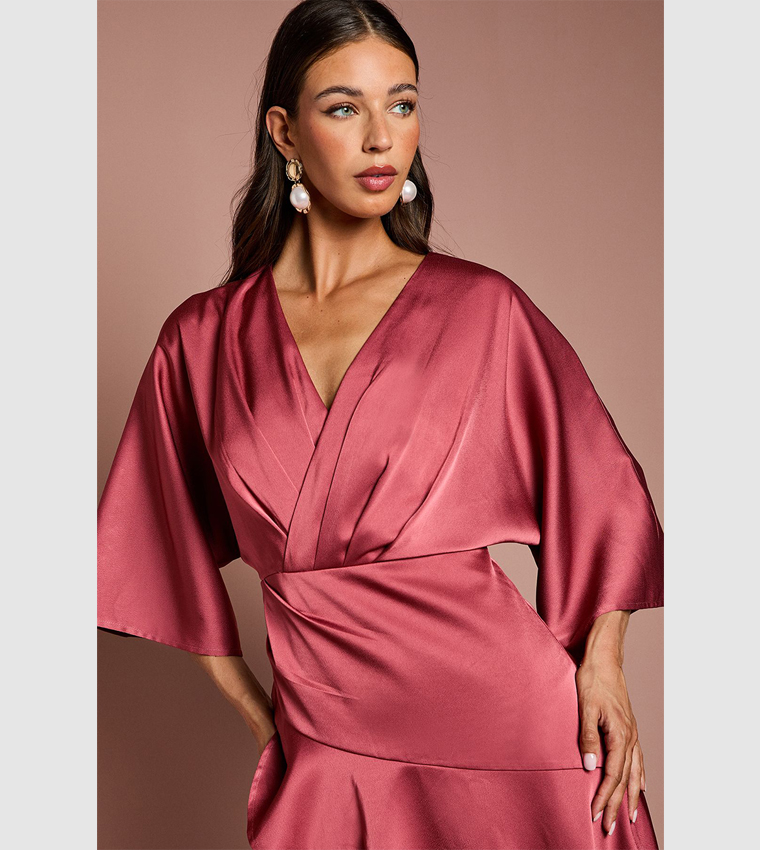 Ruffled Satin Wrap Midaxi Dress