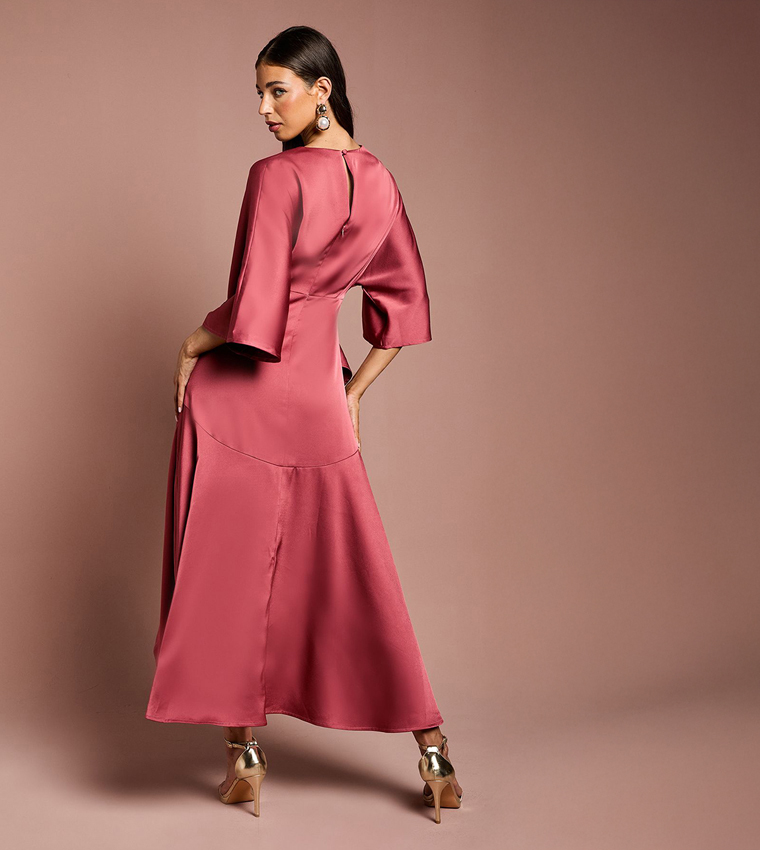 Ruffled Satin Wrap Midaxi Dress