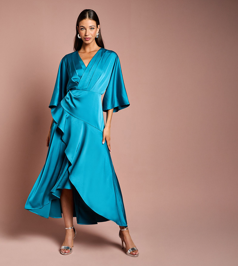 Ruffled Satin Wrap Midaxi Dress