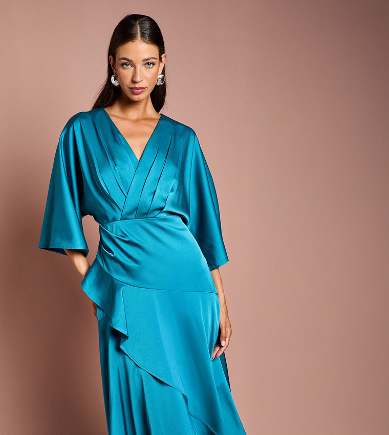 Ruffled Satin Wrap Midaxi Dress