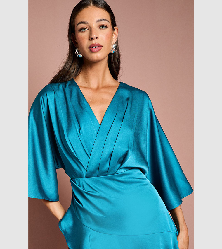 Ruffled Satin Wrap Midaxi Dress