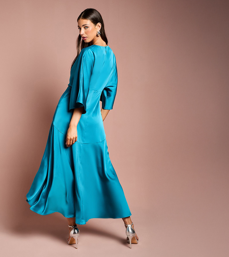 Ruffled Satin Wrap Midaxi Dress