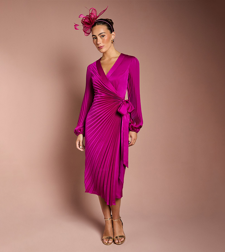 Satin Pleated Wrap Midi Dress