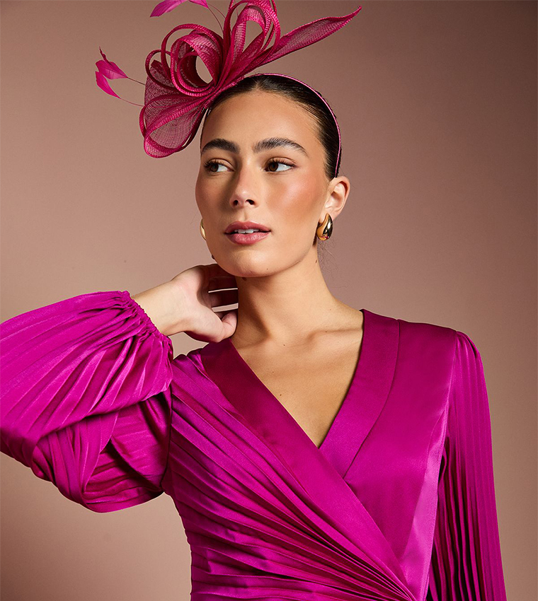 Satin Pleated Wrap Midi Dress