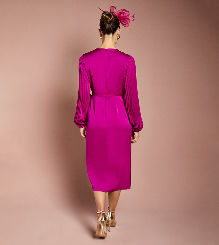 Satin Pleated Wrap Midi Dress