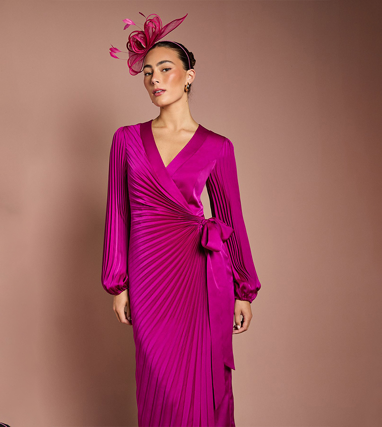 Satin Pleated Wrap Midi Dress