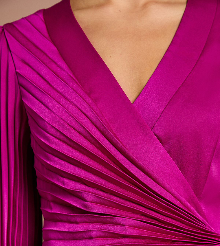Satin Pleated Wrap Midi Dress