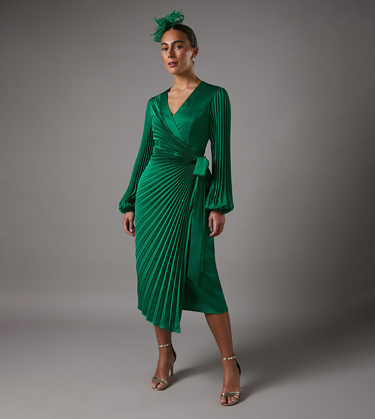 Buy Coast Satin Pleated Wrap Midi Dress In Green 6thStreet UAE