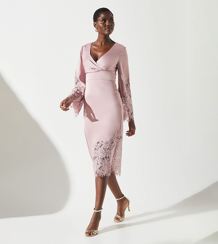 Buy Coast Lace Panelled Satin Wrap Midi Dress In Pink | 6thstreet Qatar