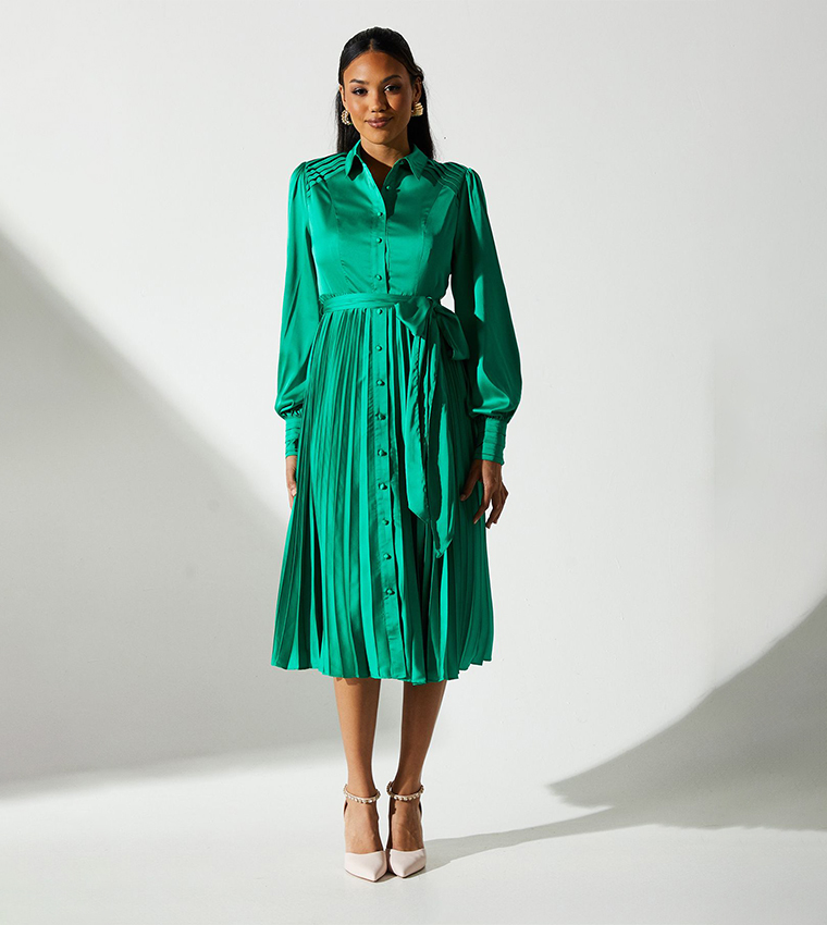 Pleated Satin Midi Shirt Dress