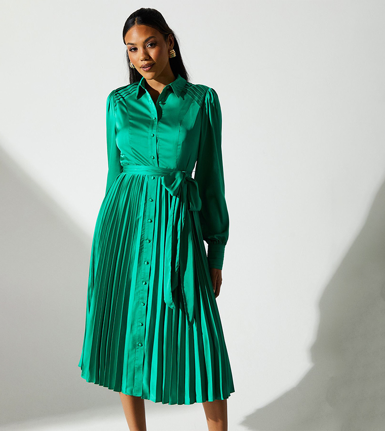 Pleated Satin Midi Shirt Dress