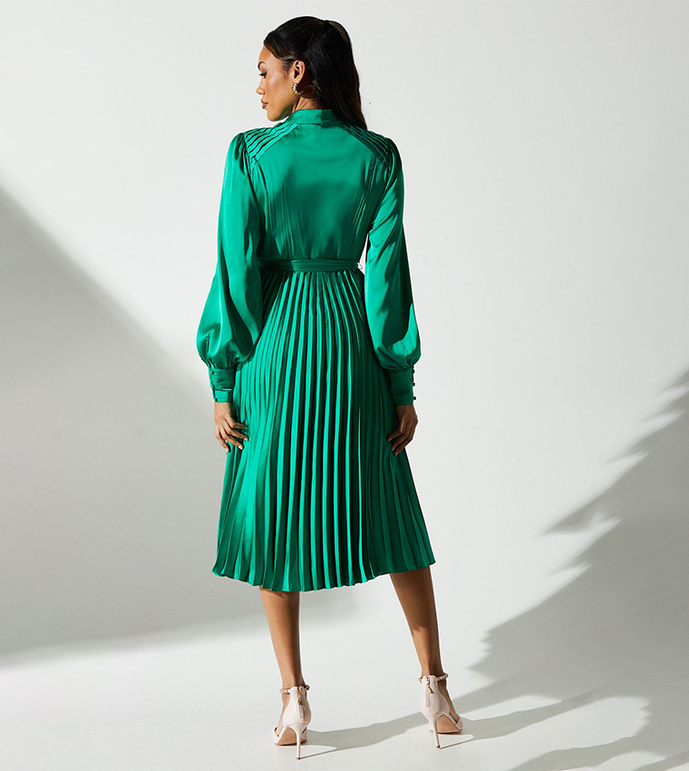 Pleated Satin Midi Shirt Dress