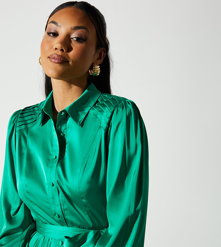 Pleated Satin Midi Shirt Dress