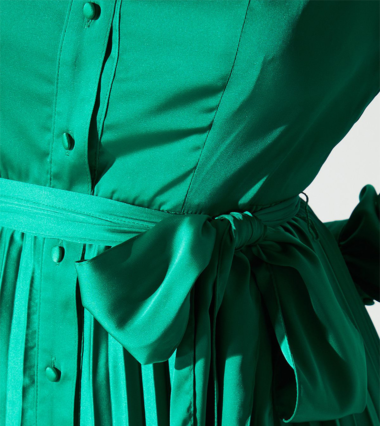 Pleated Satin Midi Shirt Dress