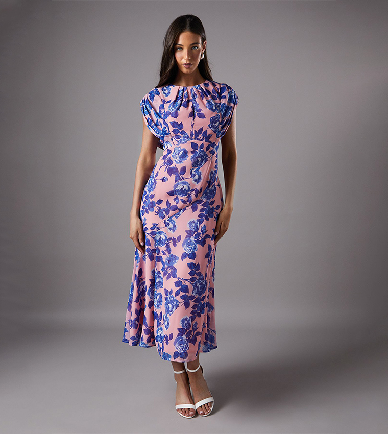 Floral Print Cap Sleeves Chiffon Midi Dress