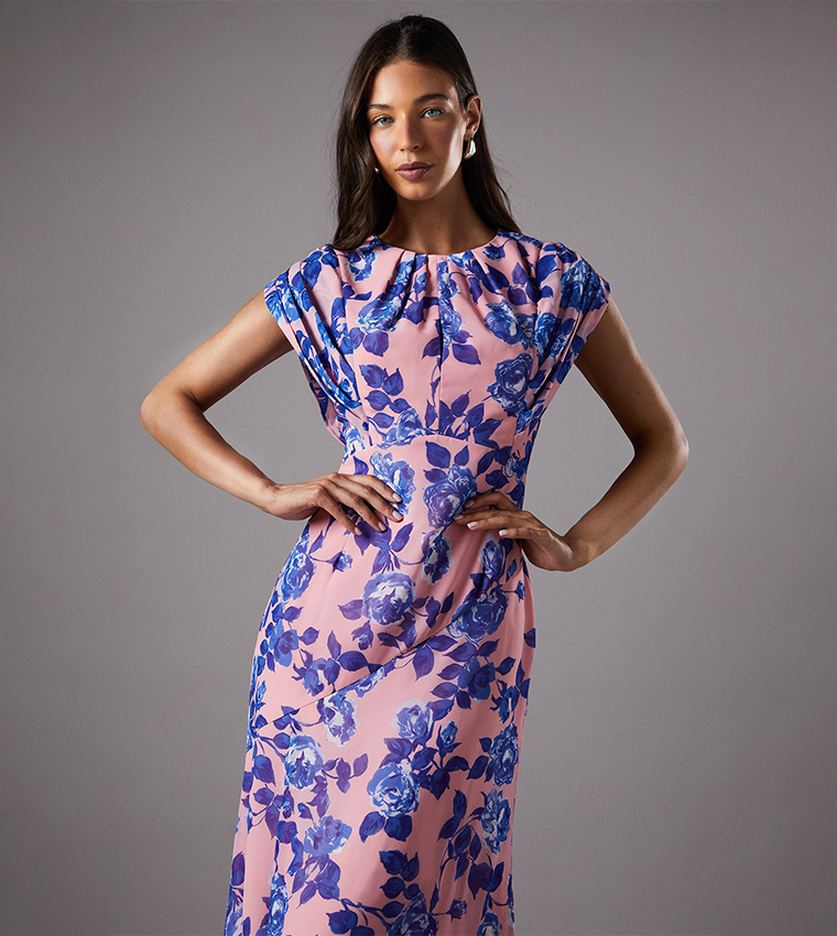 Floral Print Cap Sleeves Chiffon Midi Dress