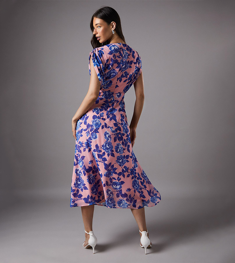 Floral Print Cap Sleeves Chiffon Midi Dress