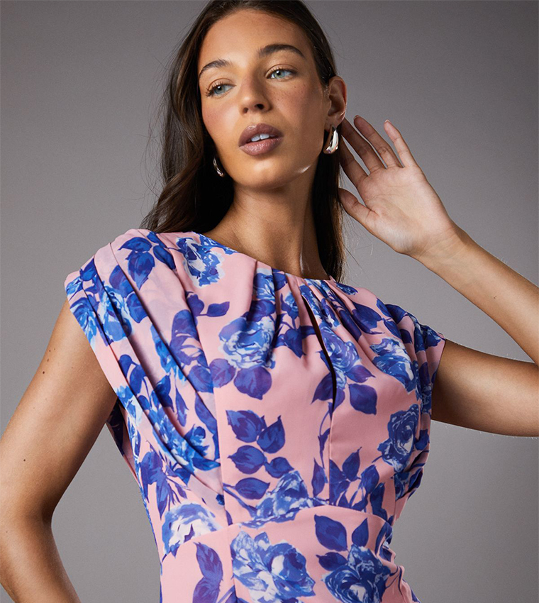 Floral Print Cap Sleeves Chiffon Midi Dress
