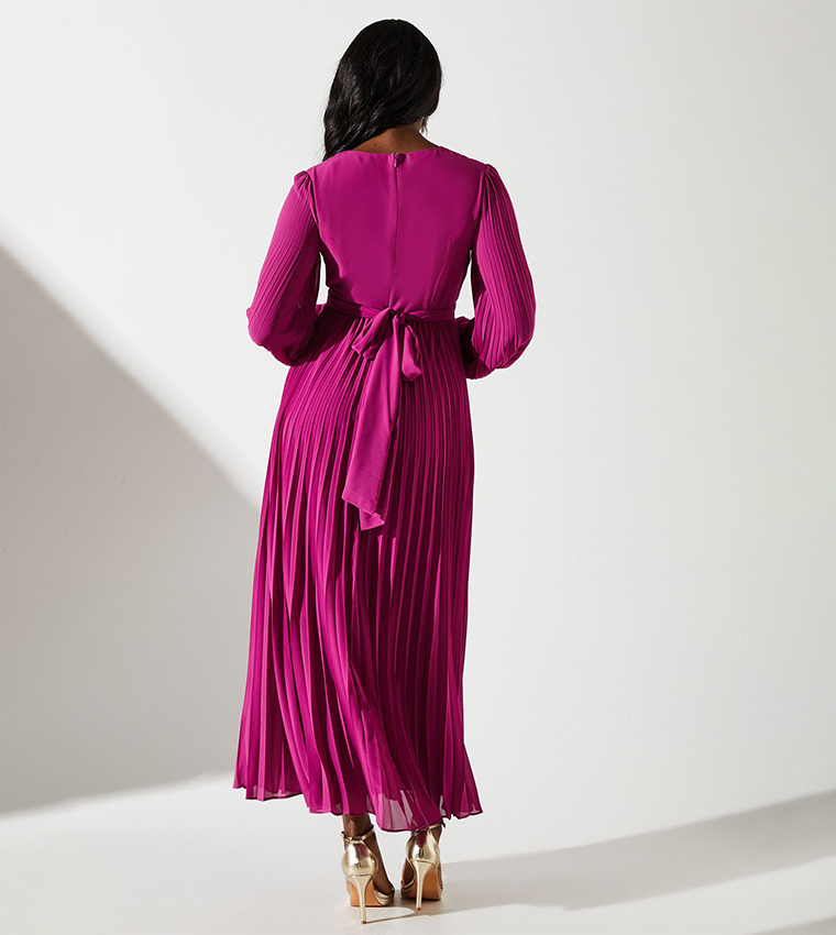 Pleated Wrap Front Midi Dress