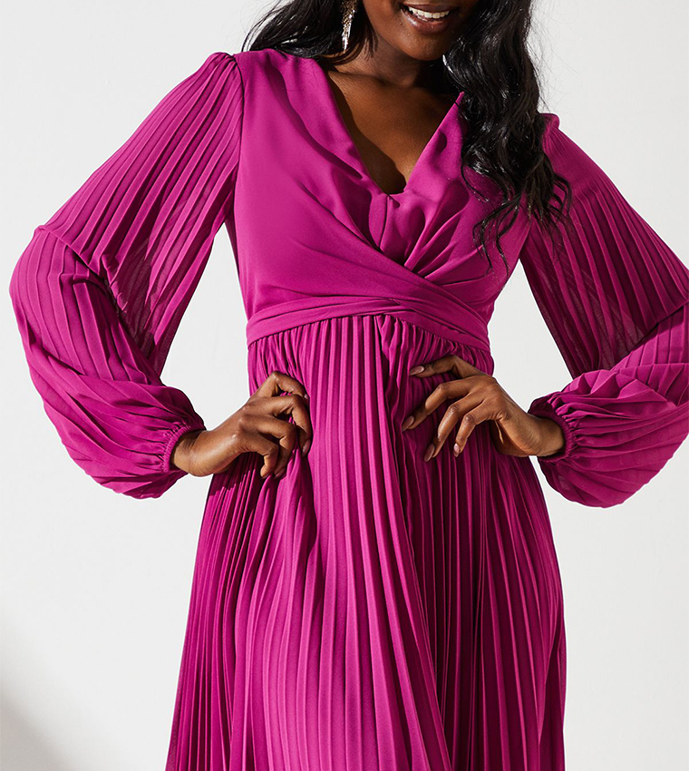 Pleated Wrap Front Midi Dress