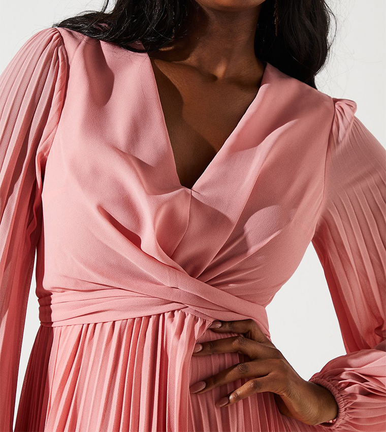 Pleated Wrap Front Midi Dress