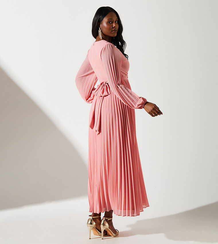 Pleated Wrap Front Midi Dress
