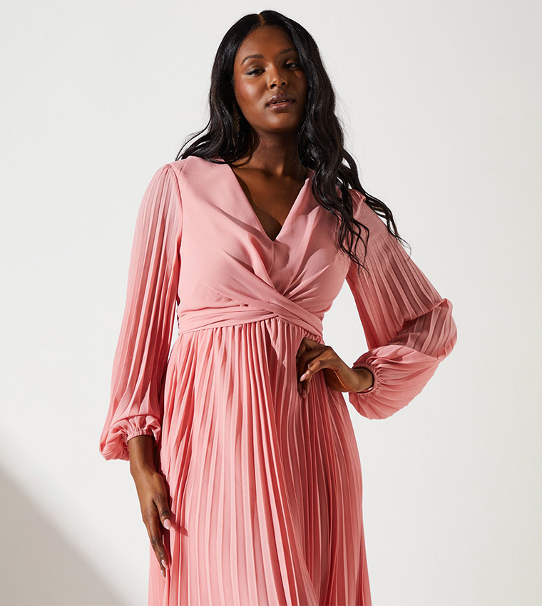 Pleated Wrap Front Midi Dress