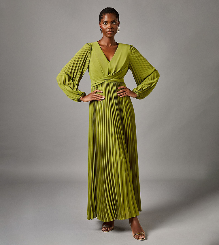 Pleated Long Sleeves Wrap Maxi Dress