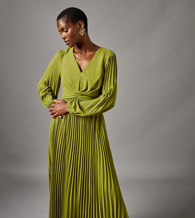 Pleated Long Sleeves Wrap Maxi Dress