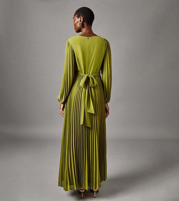 Pleated Long Sleeves Wrap Maxi Dress