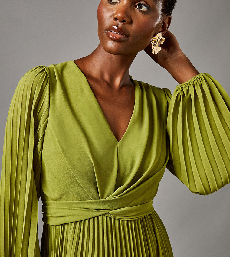 Pleated Long Sleeves Wrap Maxi Dress