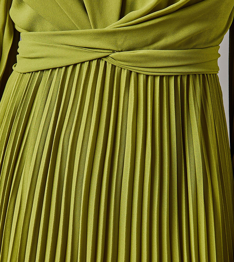 Pleated Long Sleeves Wrap Maxi Dress