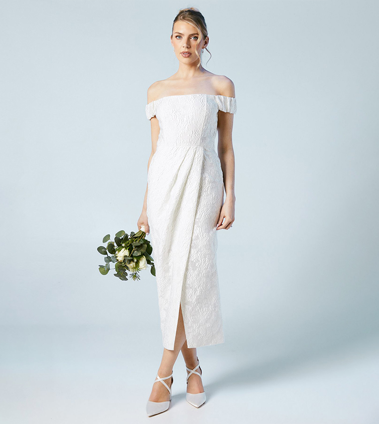 Jacquard Off Shoulder Bridal Column Midi Dress