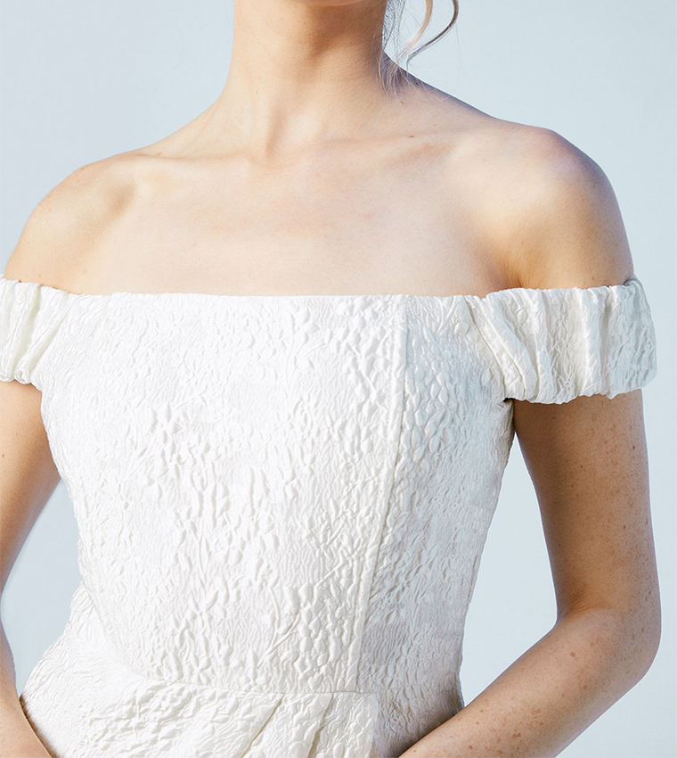 Jacquard Off Shoulder Bridal Column Midi Dress