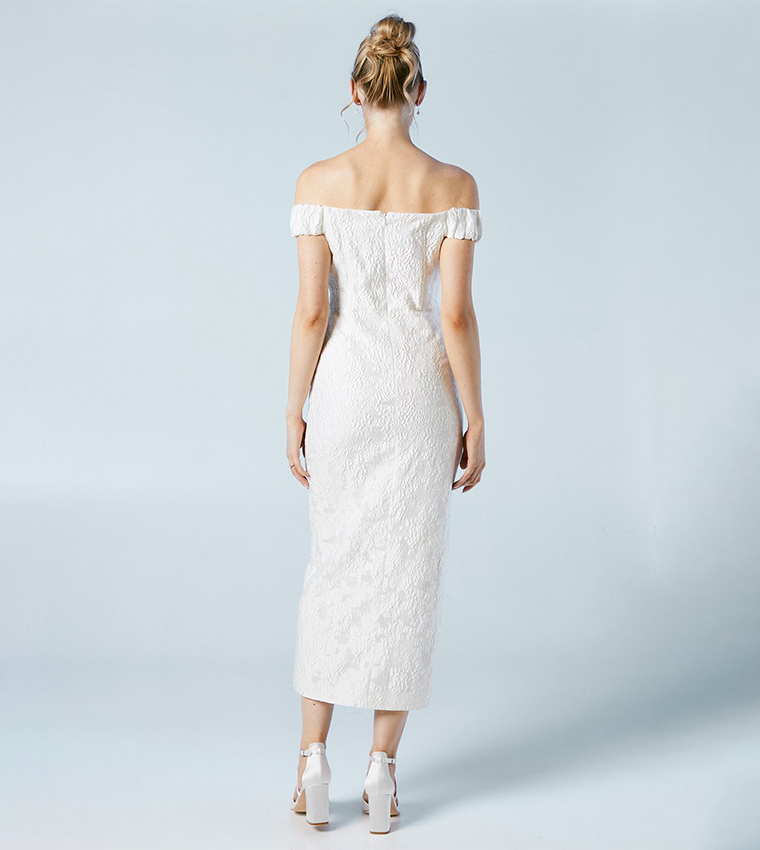 Jacquard Off Shoulder Bridal Column Midi Dress