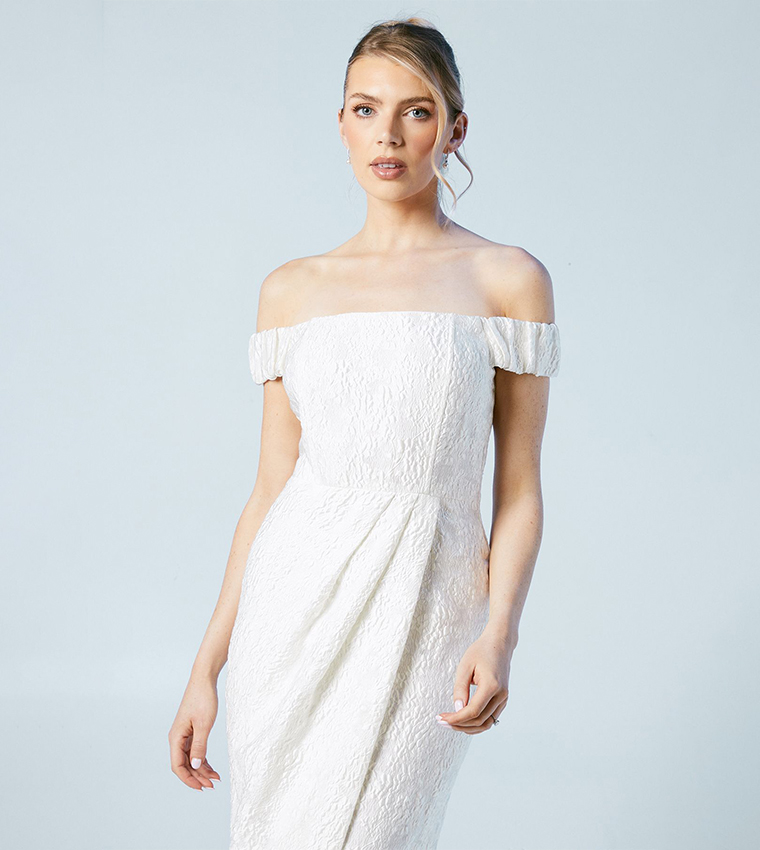 Jacquard Off Shoulder Bridal Column Midi Dress