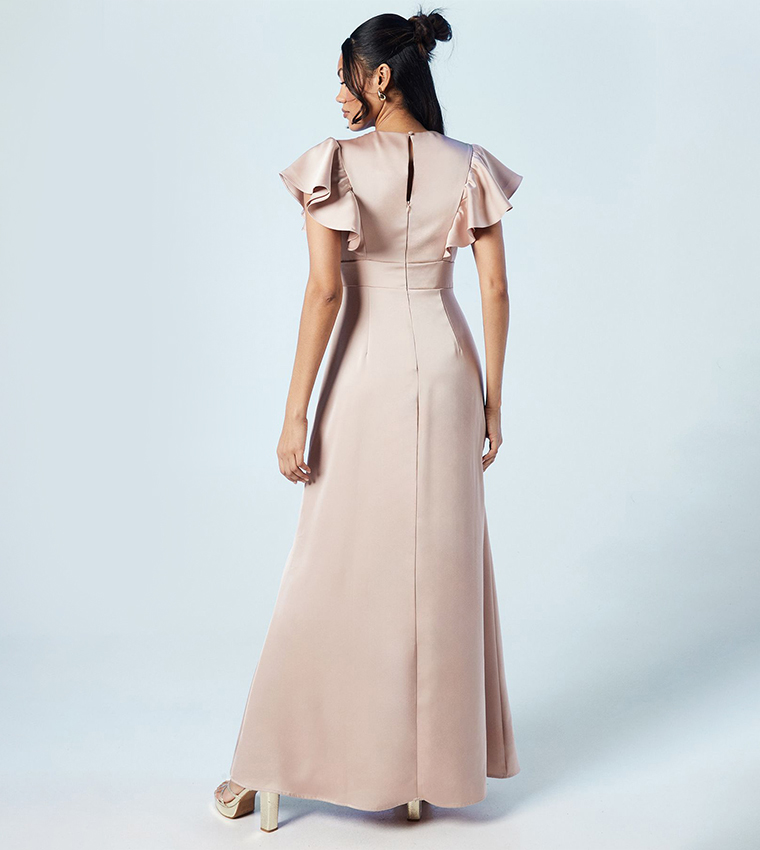 فستان ماكسي ساتان مزخرف بتفاصيل الخصر بفتحة على شكل V