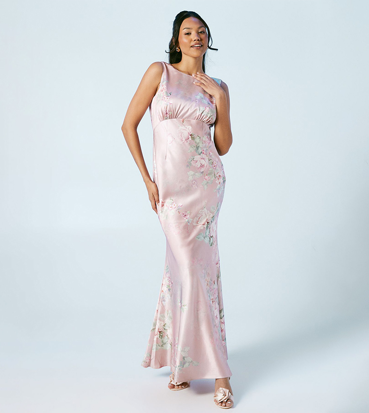 Trailing Blossom Printed Satin Cowl Back Bridesmaids Maxi Dress