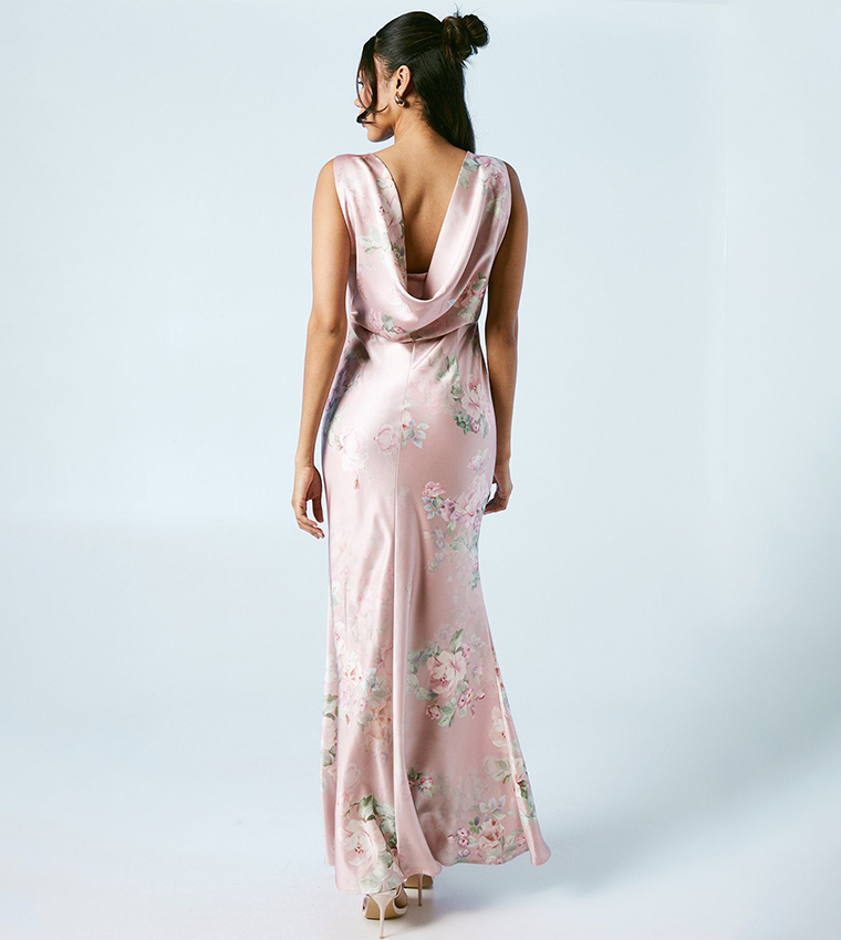 Trailing Blossom Printed Satin Cowl Back Bridesmaids Maxi Dress