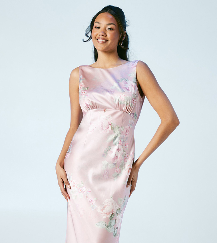 Trailing Blossom Printed Satin Cowl Back Bridesmaids Maxi Dress