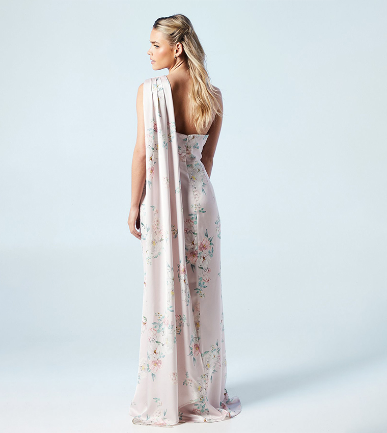 Petite Spring Posy Printed Satin Drape Shoulder Bridesmaids Maxi Dress