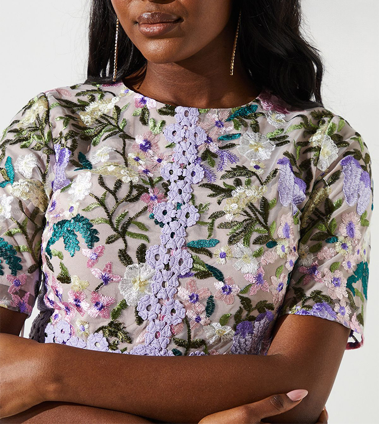Embroidered Floral with Laid On Lace Midi Dress