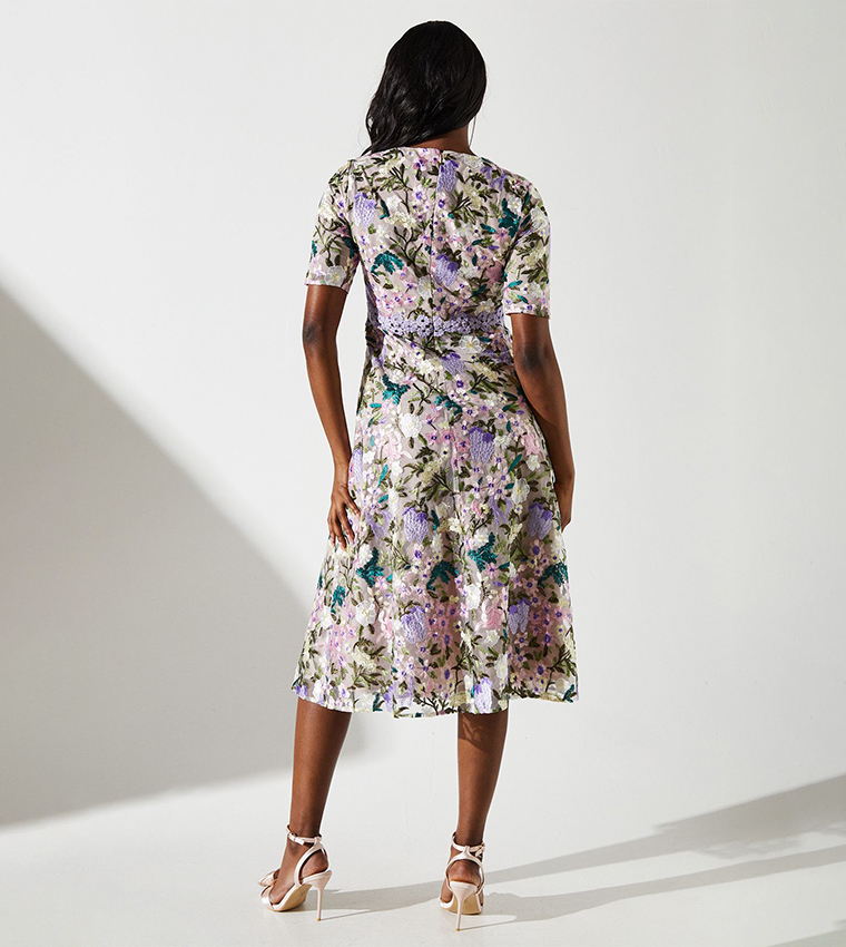 Embroidered Floral with Laid On Lace Midi Dress