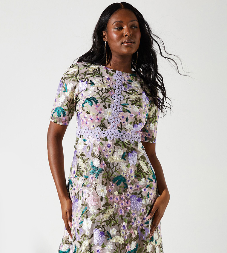 Embroidered Floral with Laid On Lace Midi Dress
