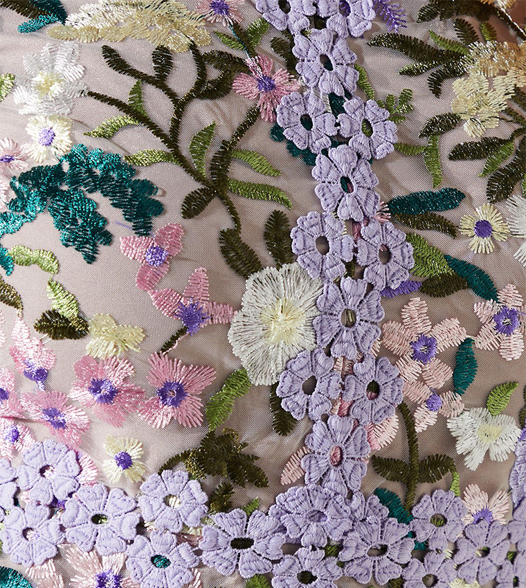 Embroidered Floral with Laid On Lace Midi Dress