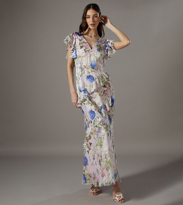 Floral Printed Frill Detail Fitted Maxi Dress